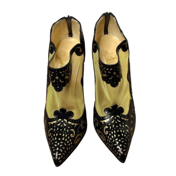 Christian Louboutin Black Patent Mesh Lasercut Mandolina 120 Booties 39.5 - Picture 2 of 10